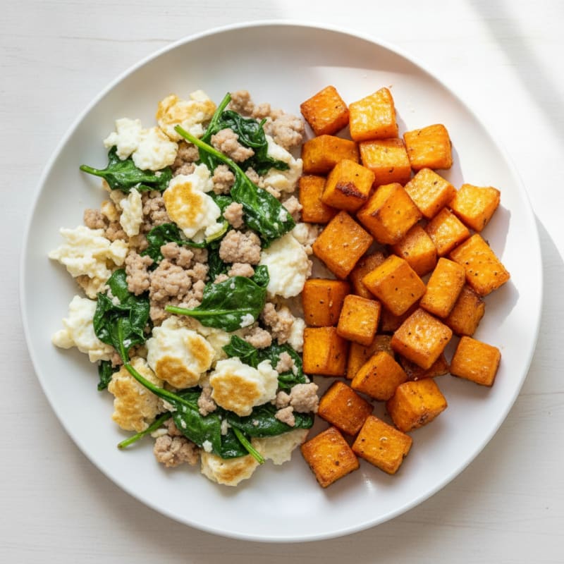 Egg White and Turkey Spinach Scramble with Roasted Sweet Potatoes