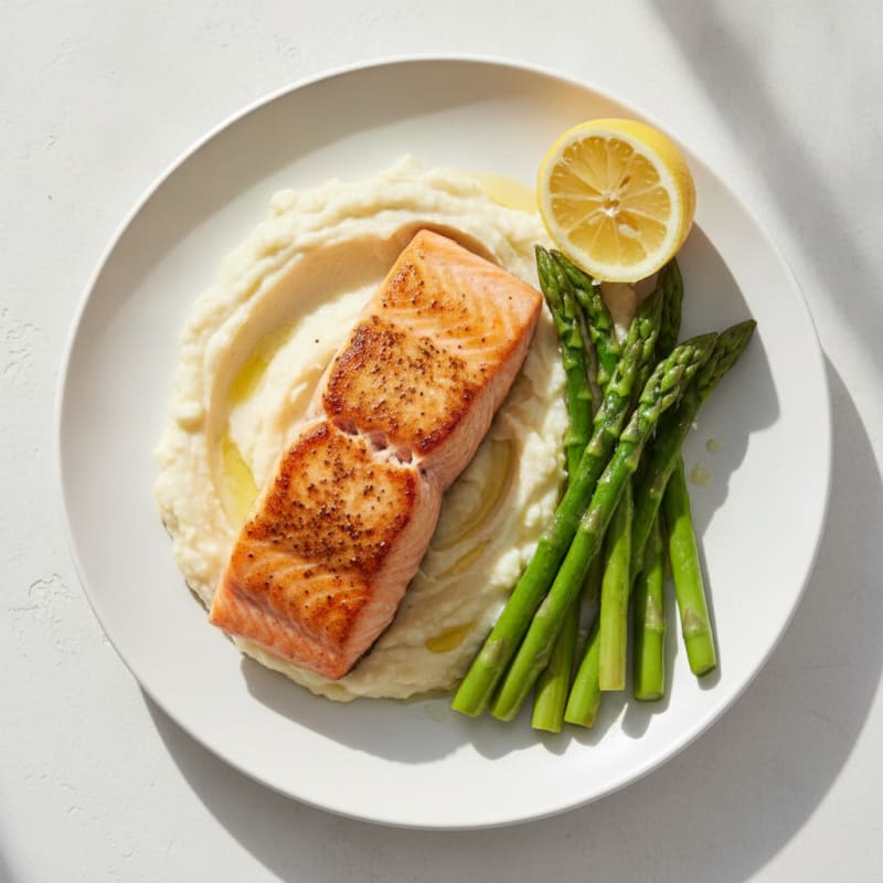 Seared Salmon Fillet with Steamed Asparagus and Garlic Cauliflower Mash