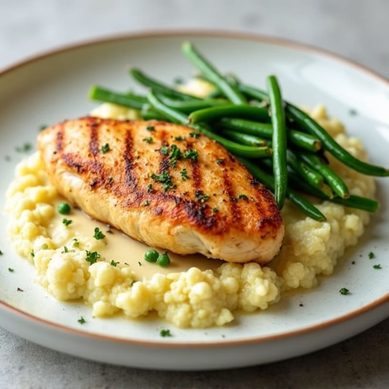 Seared Chicken Breast with Creamy Garlic Cauliflower Mash and Green Beans