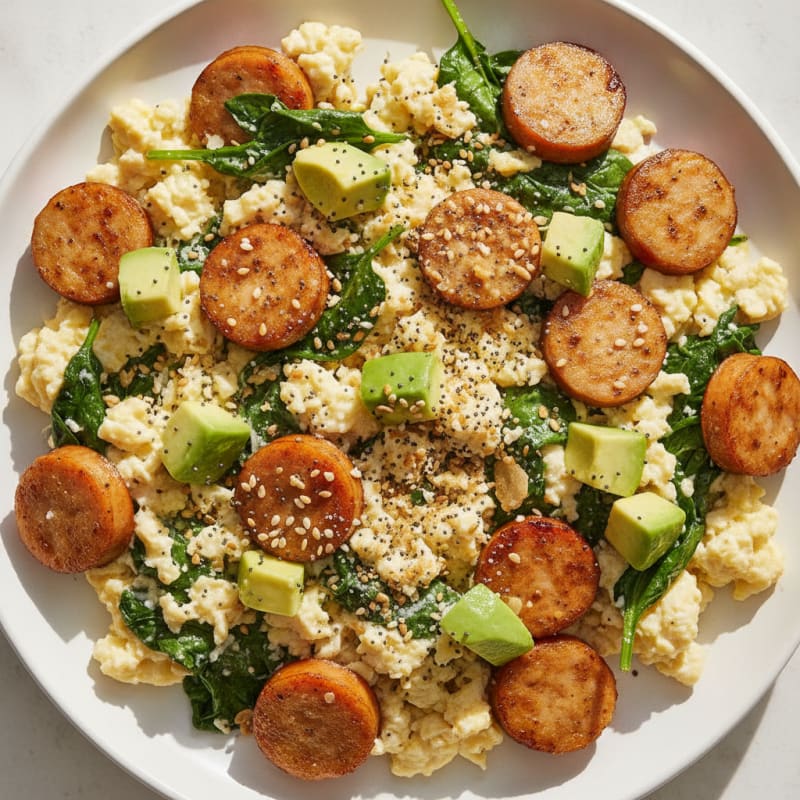Chicken Sausage and Egg White Scramble with Sautéed Spinach
