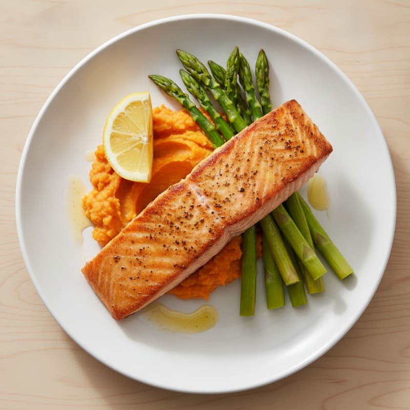 Seared Salmon with Steamed Asparagus and Sweet Potato Mash