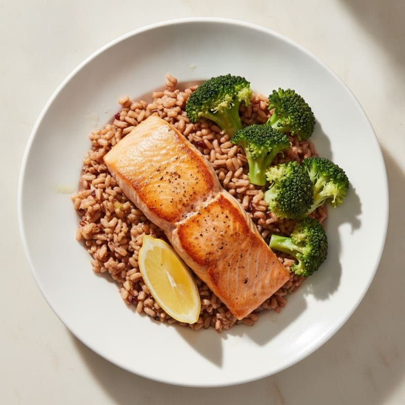 Seared Salmon with Steamed Broccoli and Brown Rice