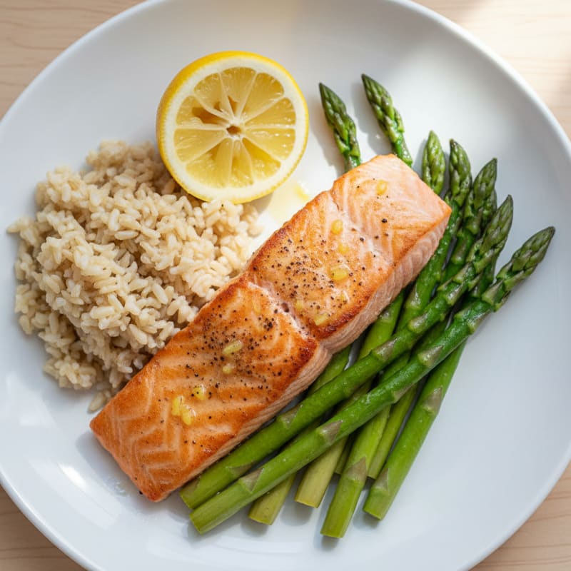 Seared Salmon with Steamed Asparagus and Brown Rice