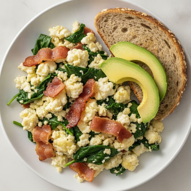 Crispy Turkey Bacon and Egg White Scramble with Sautéed Spinach