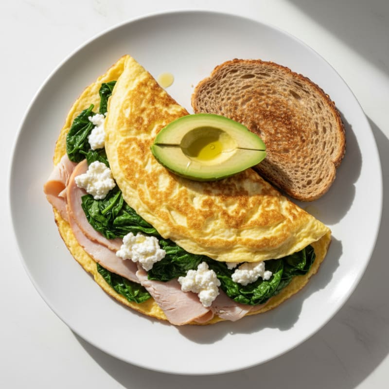 Egg White Spinach Omelette with Cottage Cheese and Sliced Turkey