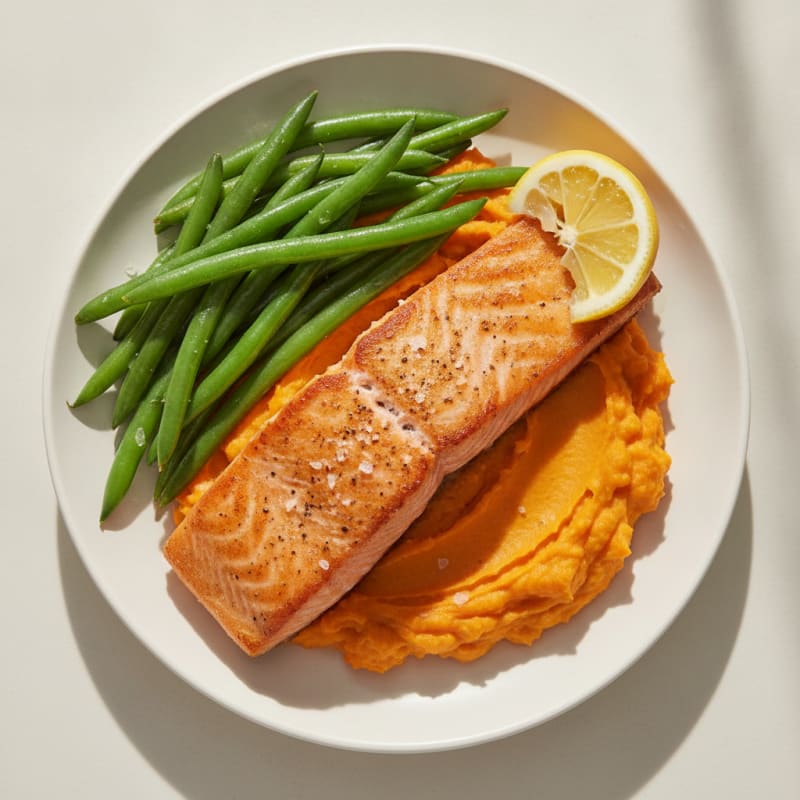 Seared Salmon with Steamed Green Beans and Sweet Potato Mash