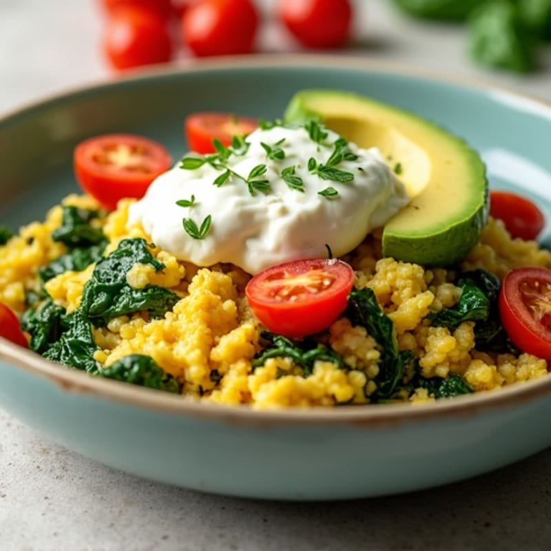 Egg White and Spinach Scramble with Cottage Cheese and Cherry Tomatoes