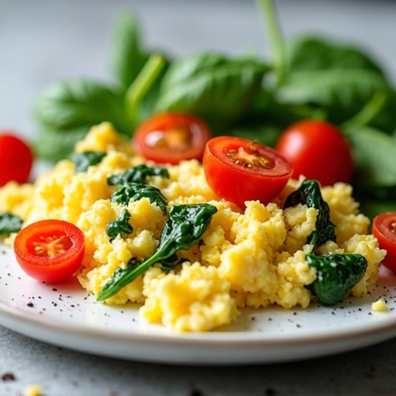 Cottage Cheese Egg Scramble with Spinach and Cherry Tomatoes
