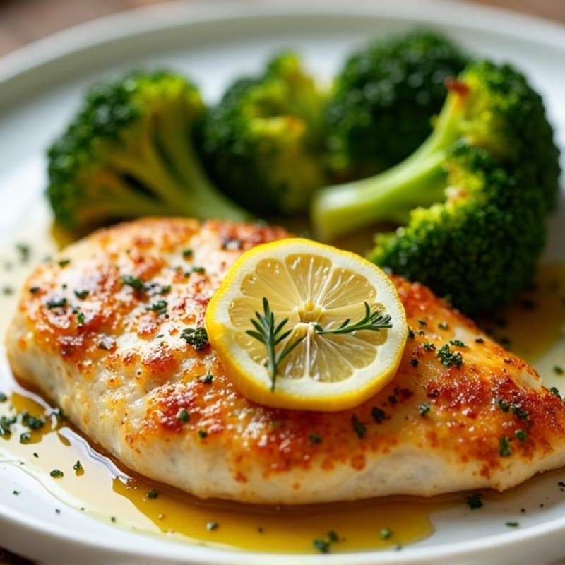 Crispy Lemon Herb Pan-Seared Chicken Breast with Roasted Broccoli