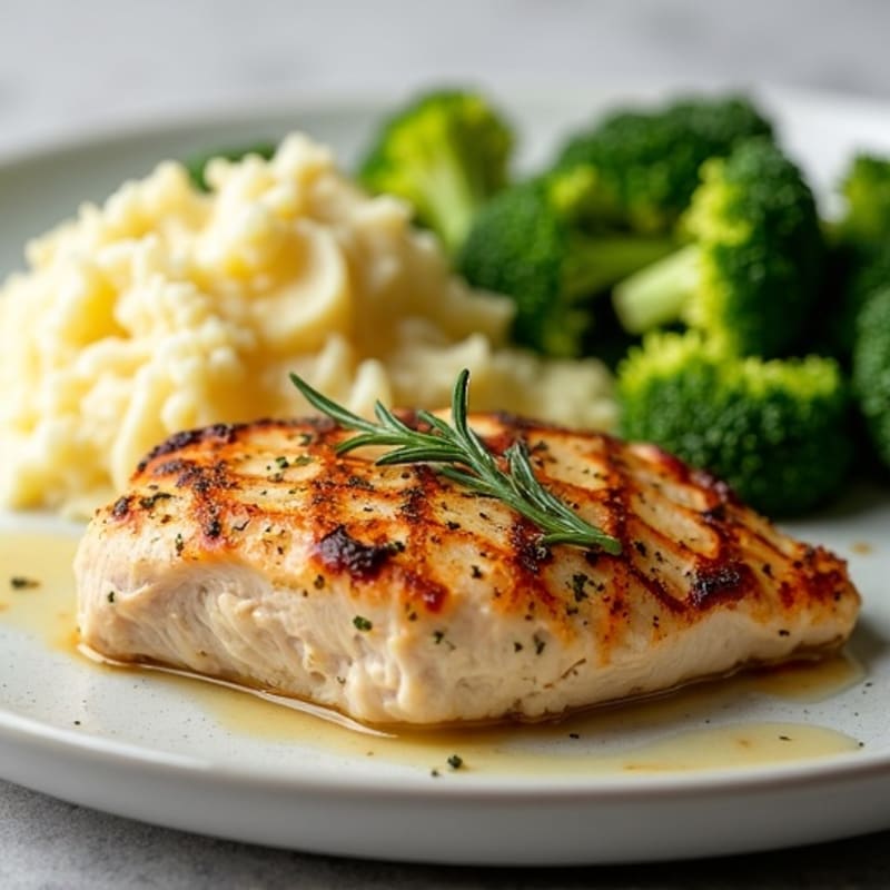 Herb-Roasted Shredded Chicken with Garlic Mashed Potatoes and Steamed Broccoli