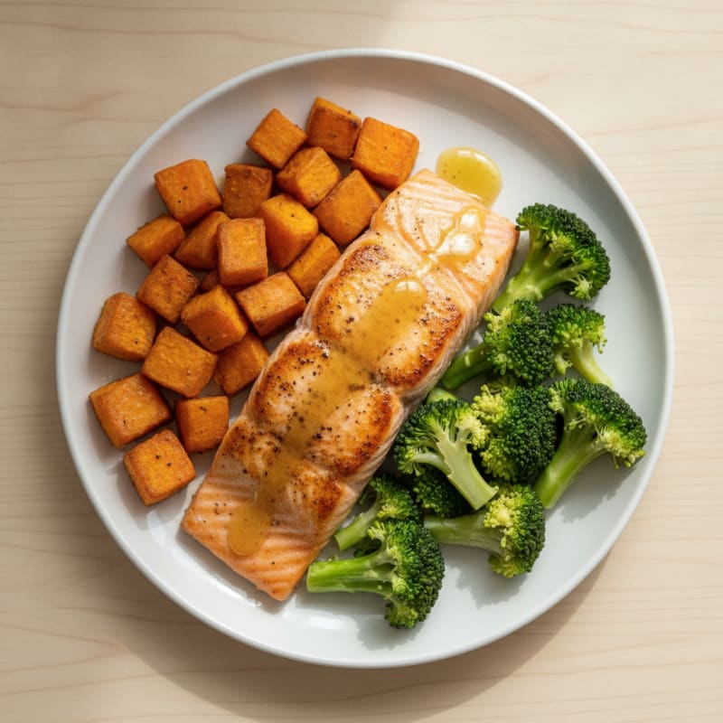 Seared Salmon with Roasted Sweet Potato and Steamed Broccoli