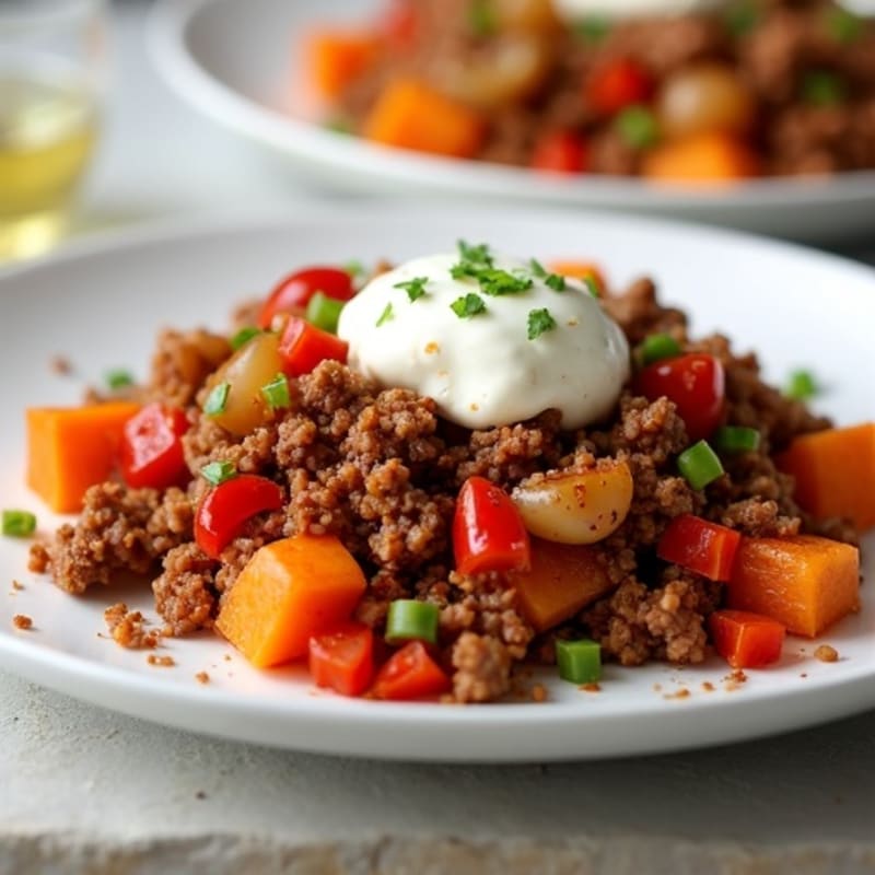 Chili Crunch Ground Beef and Sweet Potato Skillet with Creamy Cottage Cheese