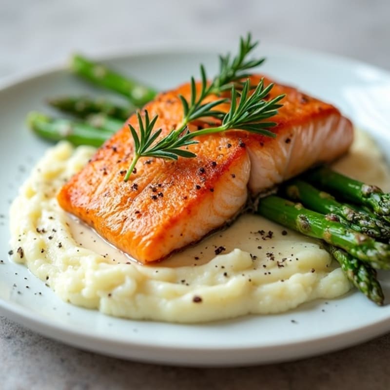 Seared Salmon with Steamed Asparagus and Cauliflower Mash
