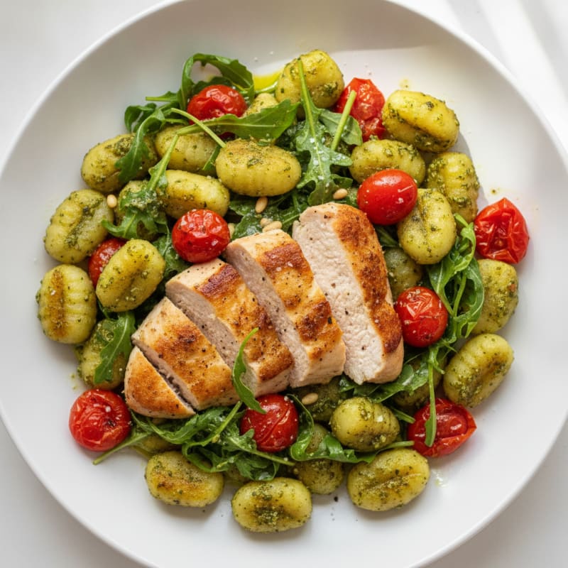 Gnocchi with Arugula Pesto and Cherry Tomatoes