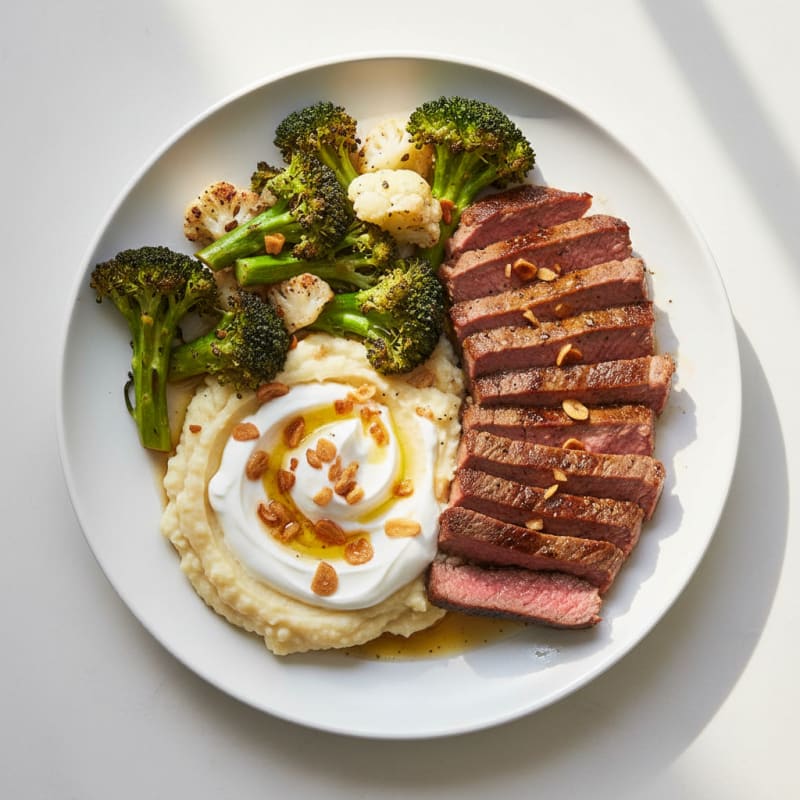 Seared Lean Beef Strips with Roasted Broccoli and Cauliflower Mash