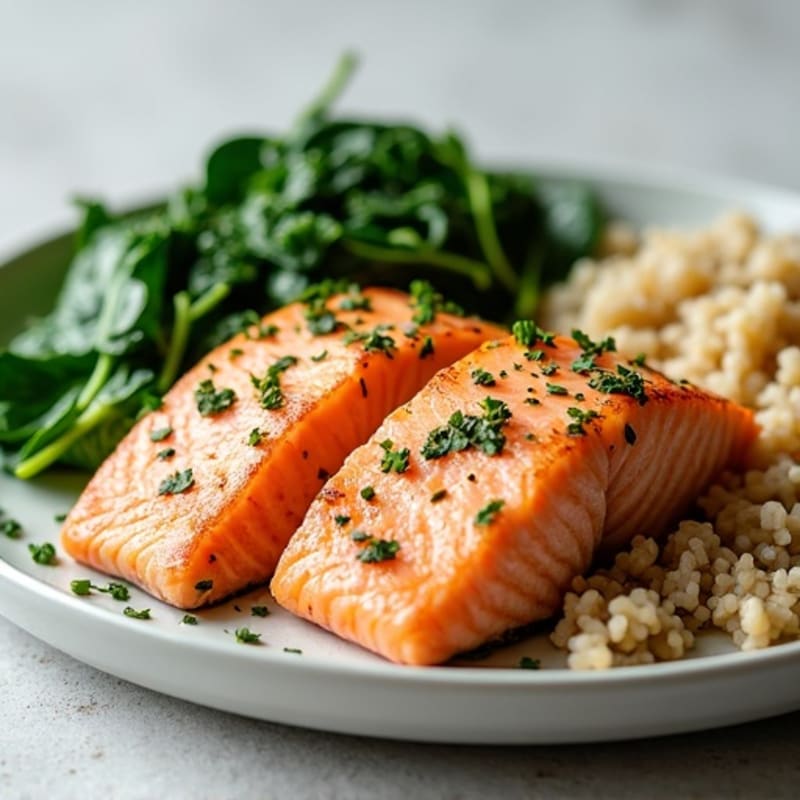 Seared Salmon with Creamy Garlic Spinach and Brown Rice