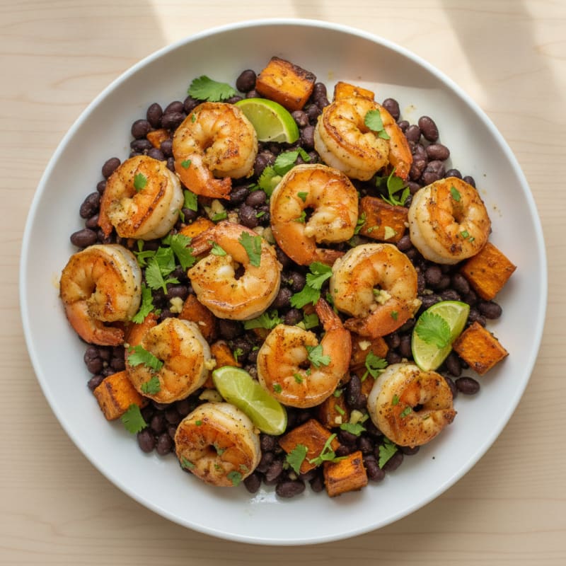 Grilled Cilantro-Lime Shrimp with Black Beans and Roasted Sweet Potato