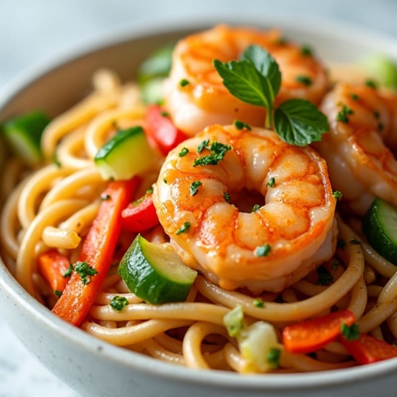 Shrimp with Tangy Peanut Noodles and Crunchy Veggies