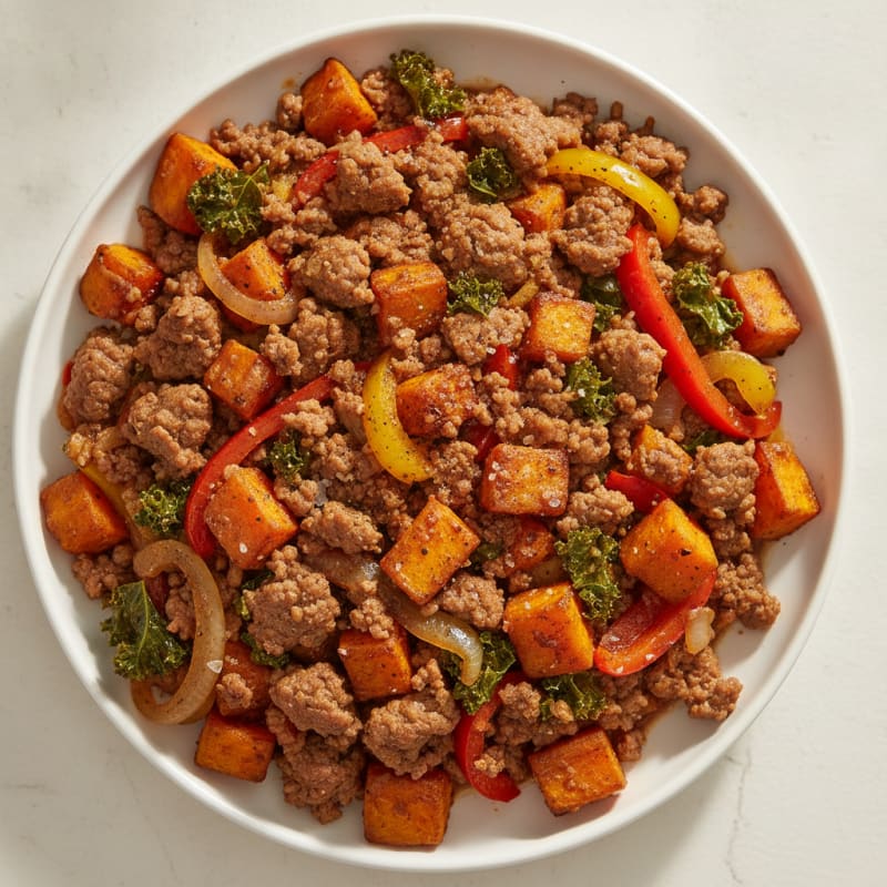 Ground Beef and Roasted Sweet Potato Hash