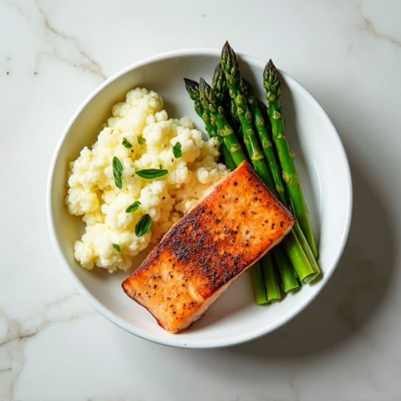 Seared Salmon with Roasted Asparagus and Garlic Mashed Cauliflower