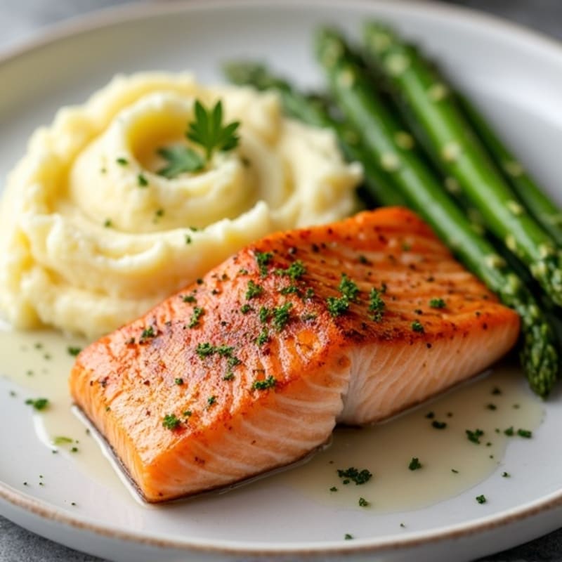 Seared Salmon with Garlic Mashed Potatoes and Steamed Asparagus