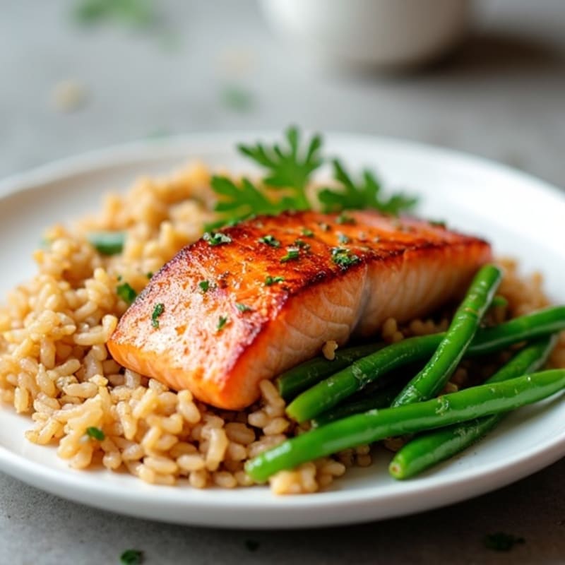 Seared Salmon Fillet with Garlic Green Beans and Brown Rice