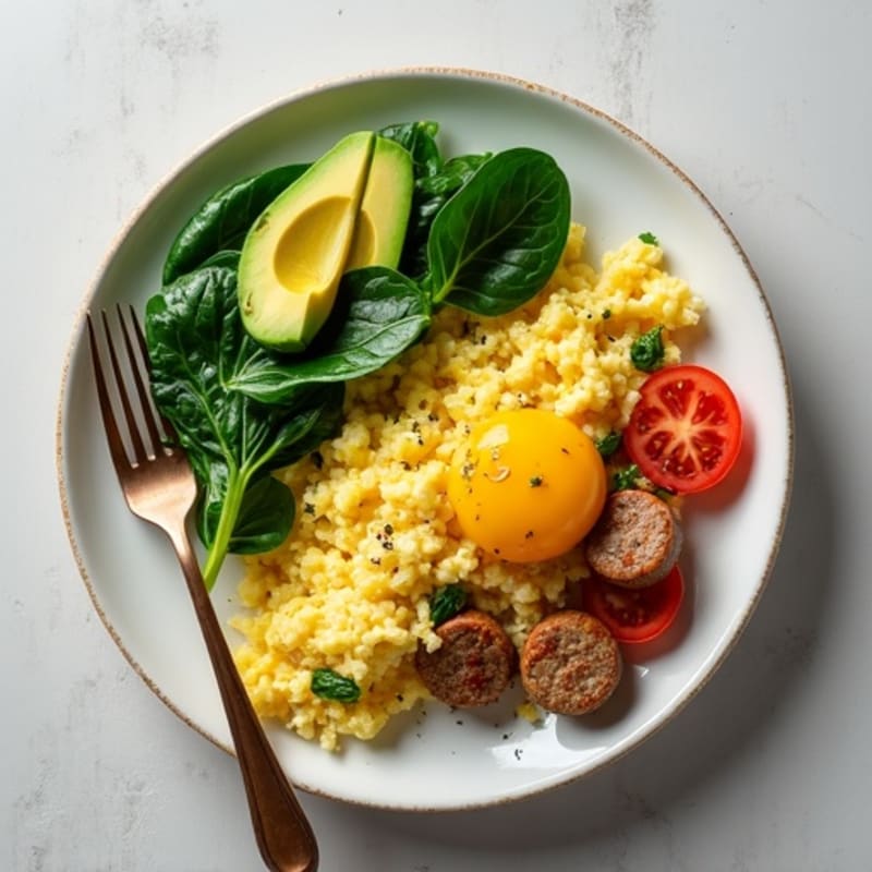Egg White and Turkey Sausage Scramble with Sautéed Spinach