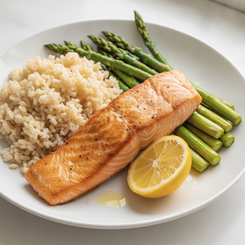 Seared Salmon Filet with Steamed Asparagus and Brown Rice