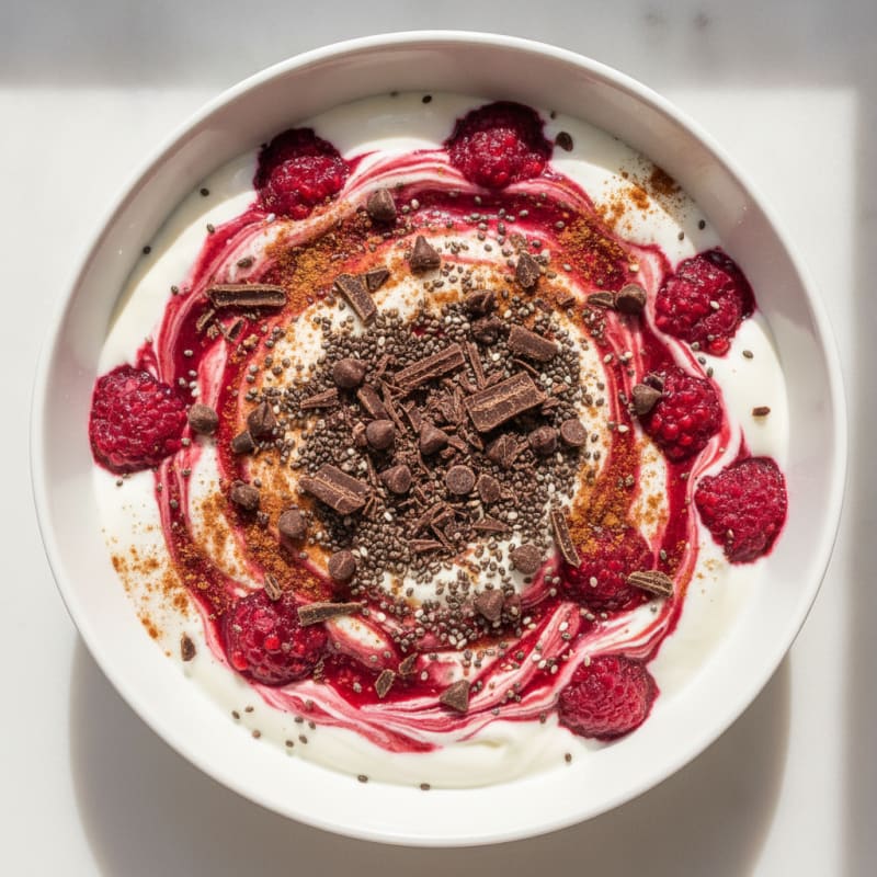 Raspberry Yogurt Bowl with Chia and Chocolate