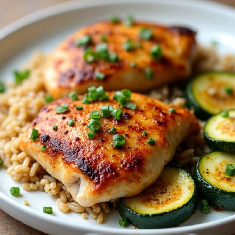 Seared Chicken Thighs with Garlic Rice and Roasted Zucchini