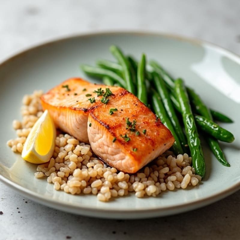 Seared Salmon with Steamed Green Beans and Brown Rice