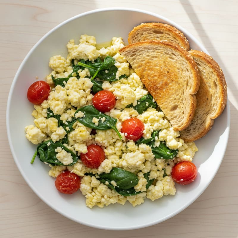 Cottage Cheese Egg Scramble with Spinach and Cherry Tomatoes