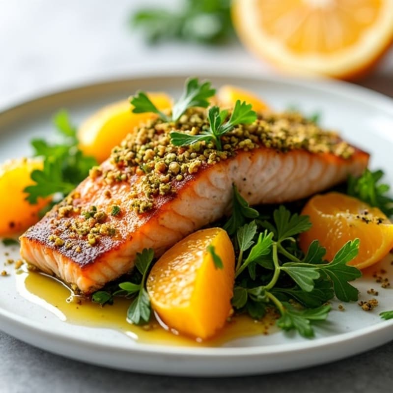 Crispy Pistachio Crusted Salmon with Bright Citrus Herb Salad