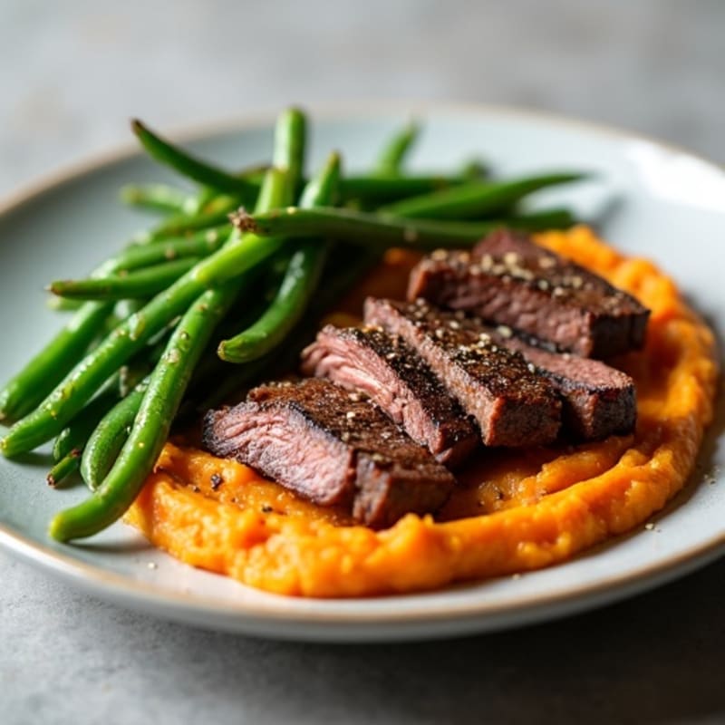 Seared Lean Beef Strips with Garlic Green Beans and Sweet Potato Mash
