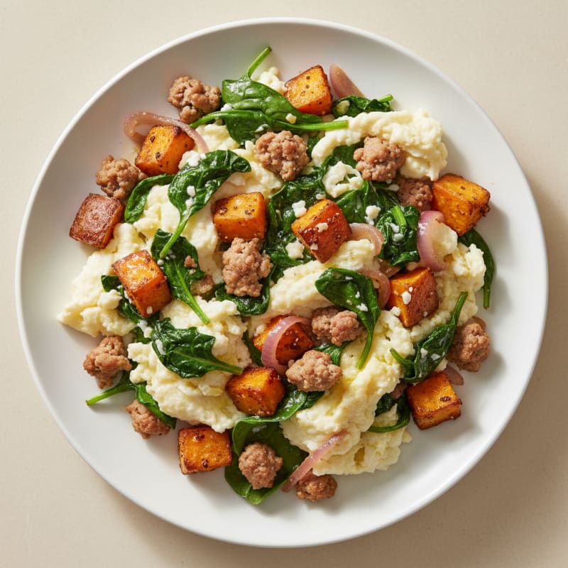 Egg White Spinach Scramble with Turkey Sausage and Roasted Sweet Potatoes