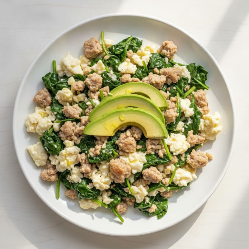 Egg White and Turkey Sausage Scramble with Sautéed Spinach