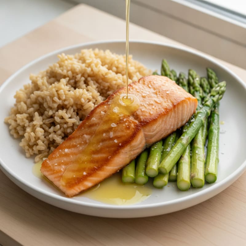 Seared Salmon with Steamed Asparagus and Brown Rice