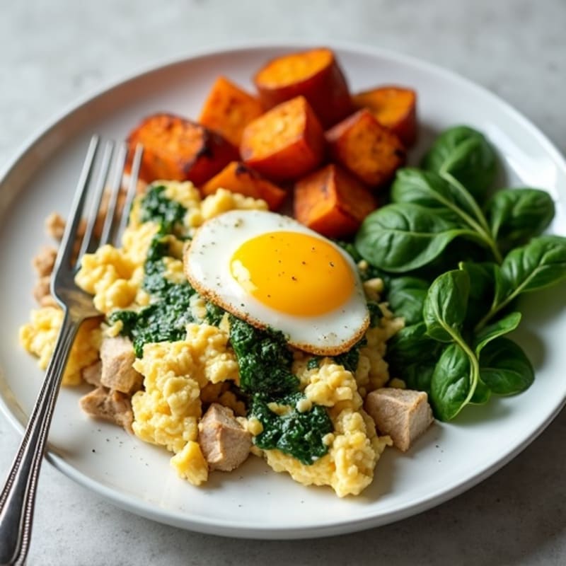 Egg White and Turkey Spinach Scramble with Roasted Sweet Potatoes
