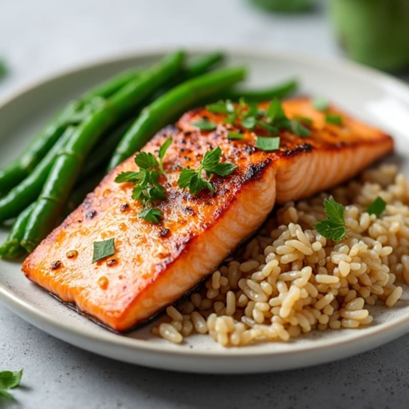 Seared Salmon with Garlic Green Beans and Brown Rice