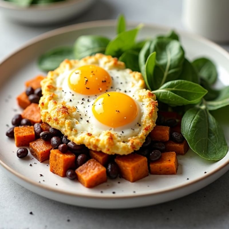 Fluffy Scrambled Eggs with Roasted Sweet Potato Hash and Fresh Greens