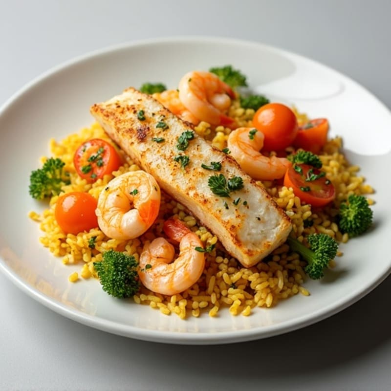 Hearty Seafood with Crispy Saffron Rice and Fresh Vegetables