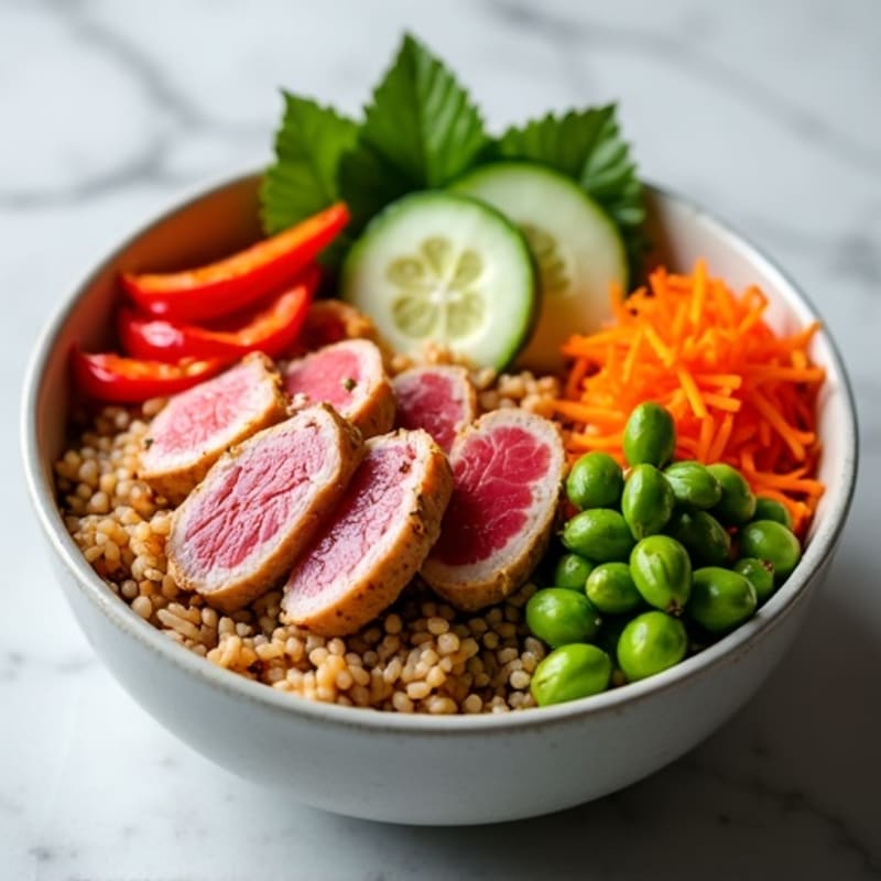 Fresh Ahi Tuna Rice Bowl with Sesame Ginger Dressing and Crunchy Vegetables