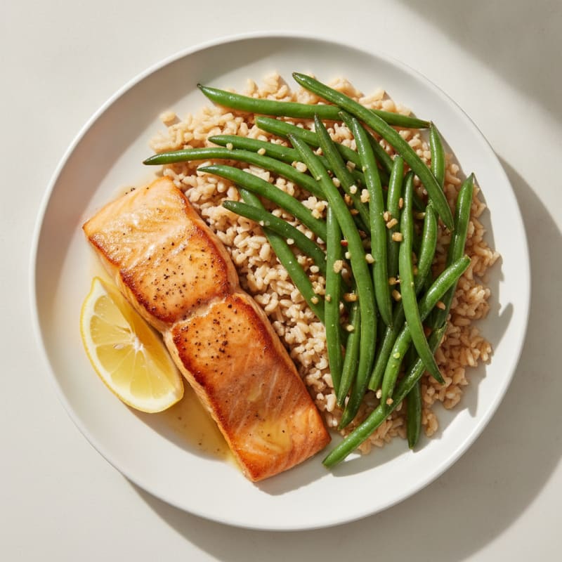 Seared Salmon with Garlic Green Beans and Brown Rice