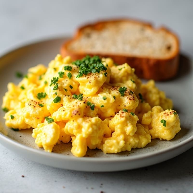 Fluffy Scrambled Eggs with Creamy Cottage Cheese Whole Grain Toast