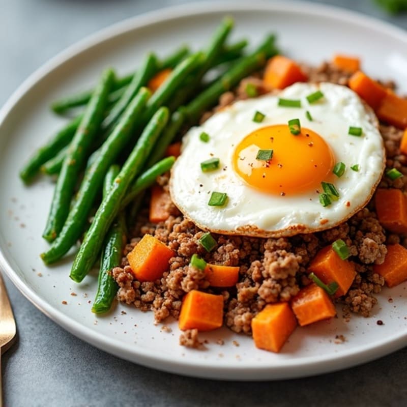 Savory Ground Turkey Skillet with Roasted Sweet Potatoes and Crisp Green Beans