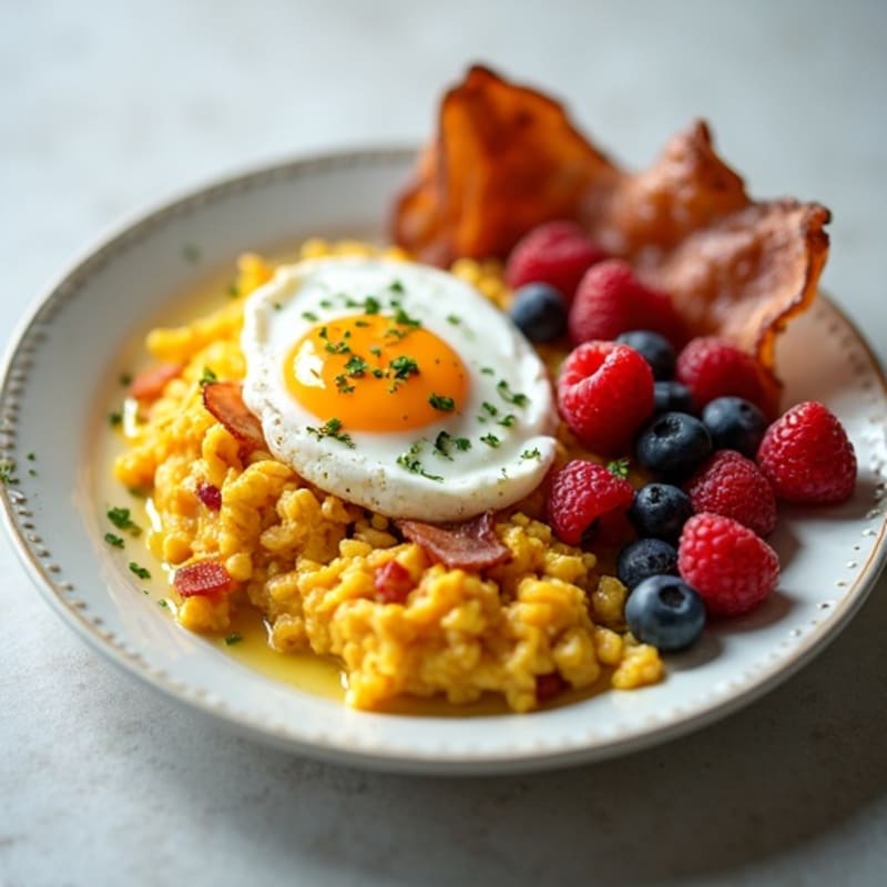 Egg and Bacon Scramble with Greek Yogurt and Mixed Berries