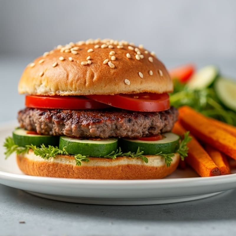 Lean Beef Burger with Crispy Sweet Potato Fries and Fresh Garden Salad