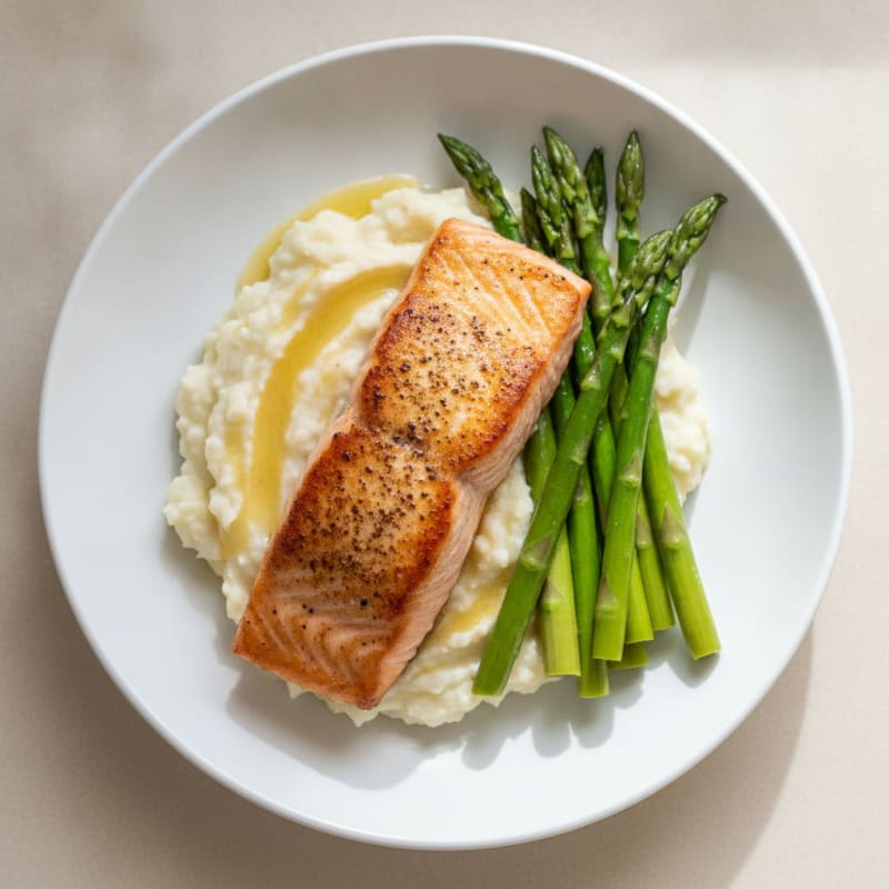Seared Salmon with Steamed Asparagus and Cauliflower Mash