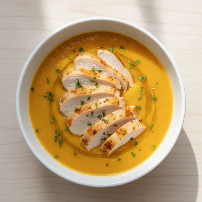Roasted Butternut Squash and Apple Soup with Sliced Chicken