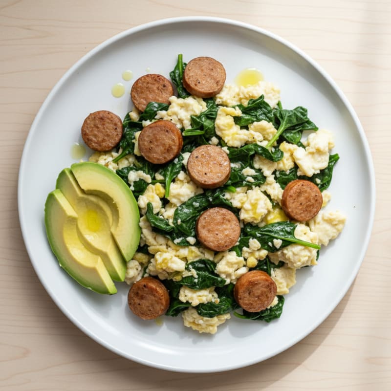 Egg White Scramble with Turkey Sausage and Sautéed Spinach